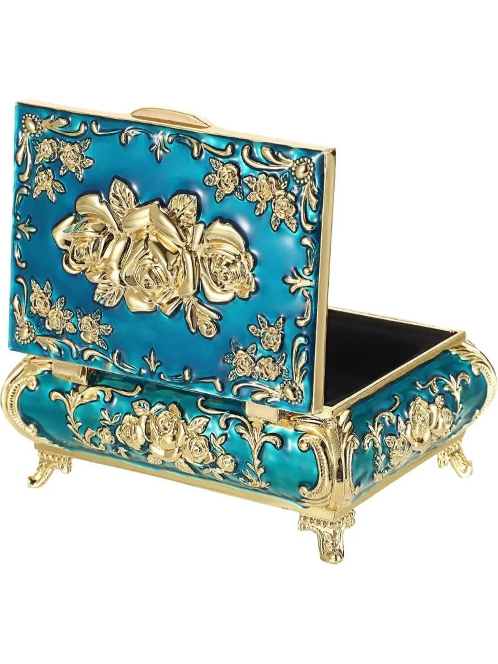 Vintage Small Metal Blue Trinket Case Engraved Jewelry Storage Box For Necklace